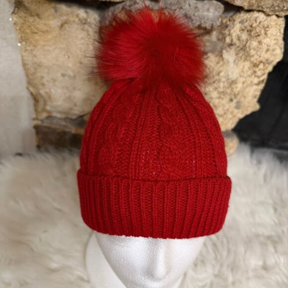 Red Knit Beanie Hat With Pom Pom Cozy Winter One Size - Picture 2 of 5